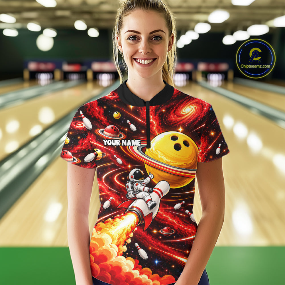 Funny Astronaut Riding Rocket Pin Bowling Shirt For Women Custom Name Bowler Red Galaxy Team Jersey NYN5112