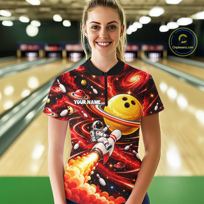 Funny Astronaut Riding Rocket Pin Bowling Shirt For Women Custom Name Bowler Red Galaxy Team Jersey NYN5112