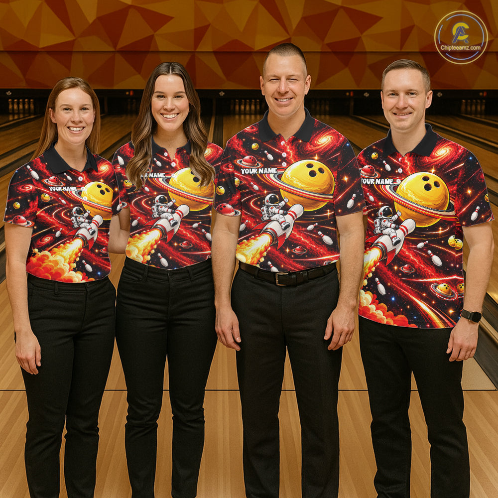 Funny Astronaut Riding Rocket Pin Bowling Shirt For Men Custom Name Bowler Red Galaxy Team Jersey NYN5112