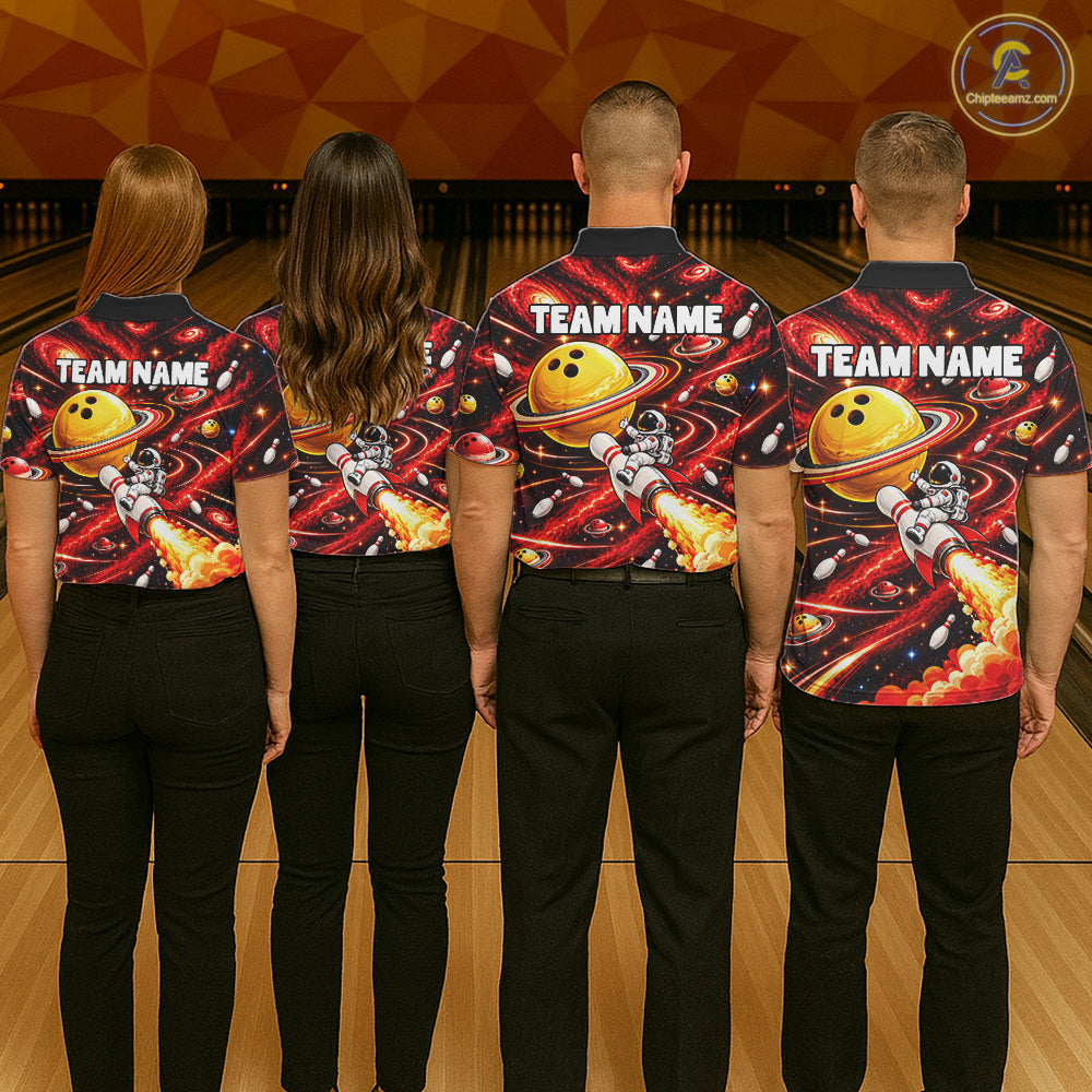 Funny Astronaut Riding Rocket Pin Bowling Shirt For Men Custom Name Bowler Red Galaxy Team Jersey NYN5112