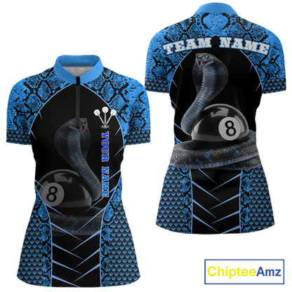Personalized Cobra Snake Women Billiard Team Shirt Blue 8 Ball Billiard Polo & 1/4 Zip Attire NYN2365