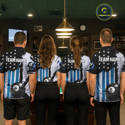Patriotic Grunge Blue 8 Ball Men Billiard Polo & 1/4 Zip Shirt Custom Pool Billiard Jerseys NYN2358