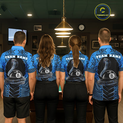 Personalized Cobra Snake Men Billiard Team Shirt Blue 8 Ball Billiard Polo & 1/4 Zip Attire NYN2365