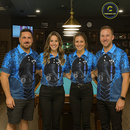 Personalized Cobra Snake Men Billiard Team Shirt Blue 8 Ball Billiard Polo & 1/4 Zip Attire NYN2365