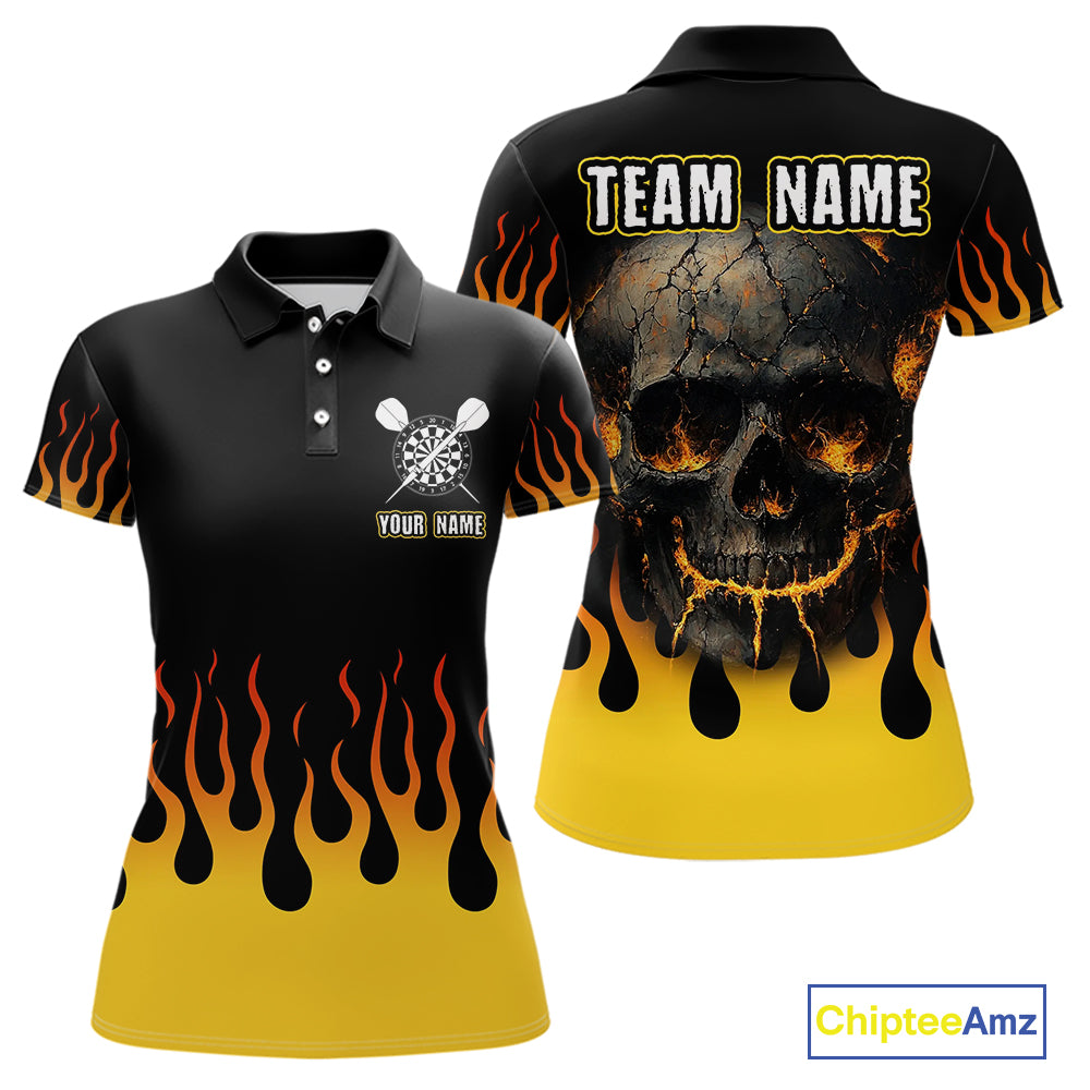 Custom Yellow Fire Flame Cracked Skull Dart Polo & 1/4 Zip Shirts For Women Dart Team Jerseys NYN0068