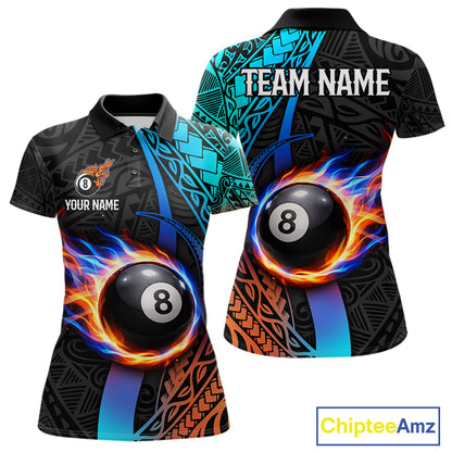Blue And Red Flaming 8 Ball Billiard Shirt For Women Custom Tribal Pool Polo & 1/4-Zip Team Jersey NYN2987