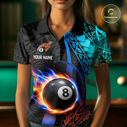 Blue And Red Flaming 8 Ball Billiard Shirt For Women Custom Tribal Pool Polo & 1/4-Zip Team Jersey NYN2987