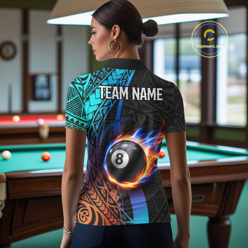 Blue And Red Flaming 8 Ball Billiard Shirt For Women Custom Tribal Pool Polo & 1/4-Zip Team Jersey NYN2987