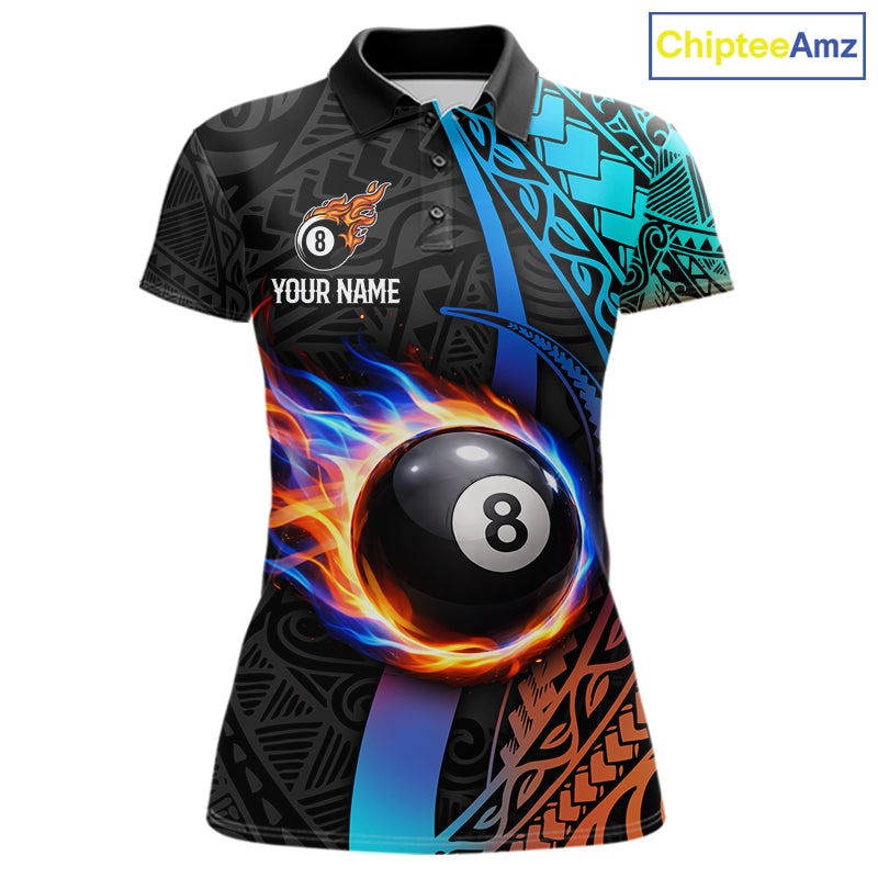Blue And Red Flaming 8 Ball Billiard Shirt For Women Custom Tribal Pool Polo & 1/4-Zip Team Jersey NYN2987
