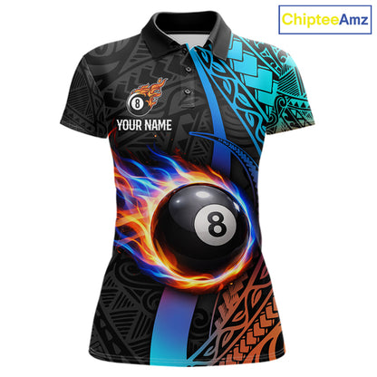 Blue And Red Flaming 8 Ball Billiard Shirt For Women Custom Tribal Pool Polo & 1/4-Zip Team Jersey NYN2987