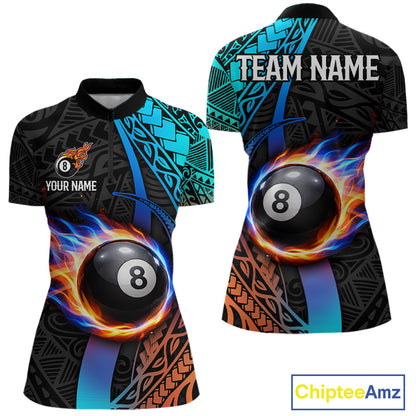 Blue And Red Flaming 8 Ball Billiard Shirt For Women Custom Tribal Pool Polo & 1/4-Zip Team Jersey NYN2987