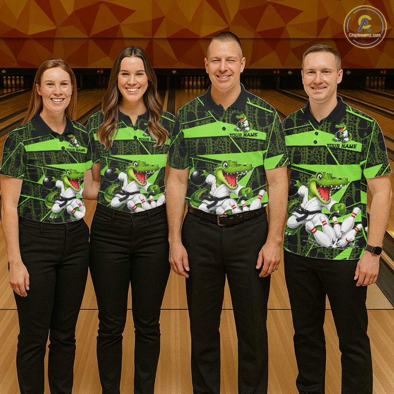 Funny Crocodile Women Bowling Shirt Custom Green Skin Crocodile Polo Quarter-Zip Bowling Team Attire NYN3686