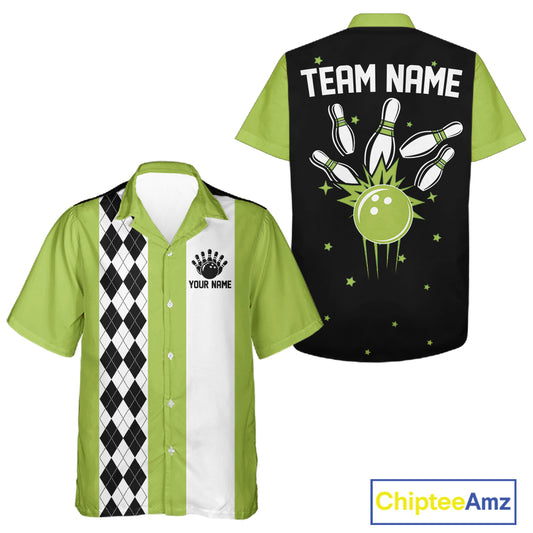 Green, black, and white Hawaiian shirt with custom names, argyle stripe, and bowling graphic