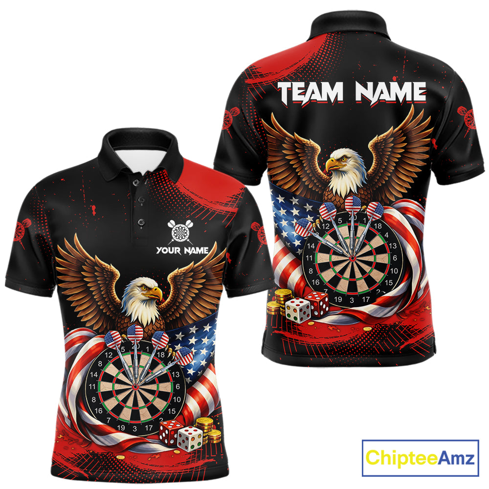 Personalized Red Grunge US Flag Eagle Dart Shirts For Men Patriotic Dart Polo & 1/4-Zip Jersey NYN2780