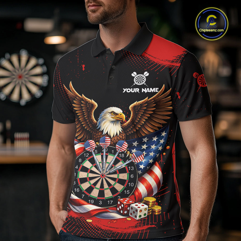 Personalized Red Grunge US Flag Eagle Dart Shirts For Men Patriotic Dart Polo & 1/4-Zip Jersey NYN2780