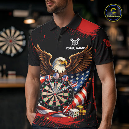 Personalized Red Grunge US Flag Eagle Dart Shirts For Men Patriotic Dart Polo & 1/4-Zip Jersey NYN2780