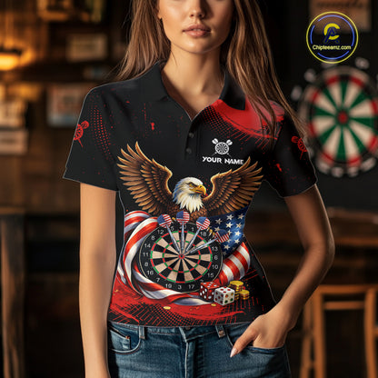 Personalized Red Grunge US Flag Eagle Dart Shirts For Women Patriotic Dart Polo & 1/4-Zip Jersey NYN2780