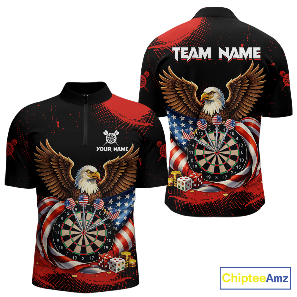 Personalized Red Grunge US Flag Eagle Dart Shirts For Men Patriotic Dart Polo & 1/4-Zip Jersey NYN2780