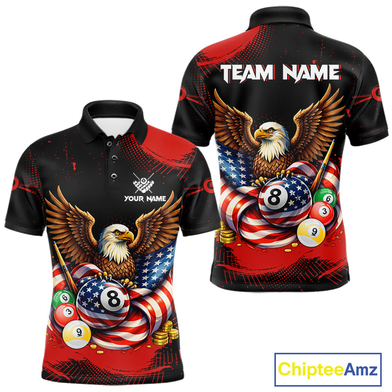 Custom Red Grunge US Flag Eagle Billiard Pool Shirts For Men 8 Ball Patriotic Billiard Team Attire NYN2781