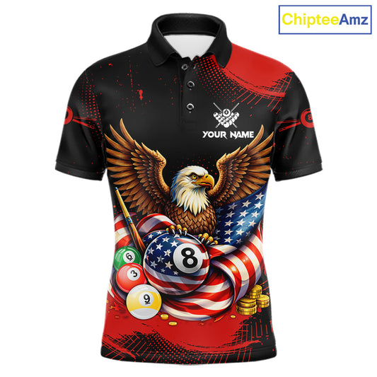 Custom Red Grunge US Flag Eagle Billiard Pool Shirts For Men 8 Ball Patriotic Billiard Team Attire NYN2781