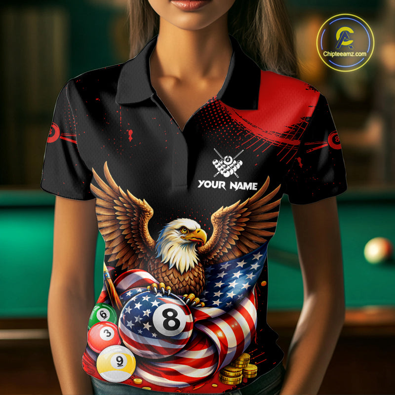 Custom Red Grunge US Flag Eagle Billiard Pool Shirts For Women 8 Ball Patriotic Billiard Team Attire NYN2781