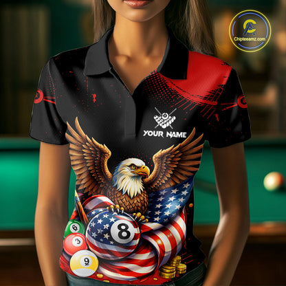 Custom Red Grunge US Flag Eagle Billiard Pool Shirts For Women 8 Ball Patriotic Billiard Team Attire NYN2781