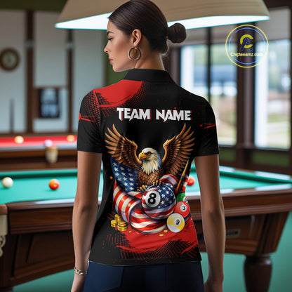 Custom Red Grunge US Flag Eagle Billiard Pool Shirts For Women 8 Ball Patriotic Billiard Team Attire NYN2781