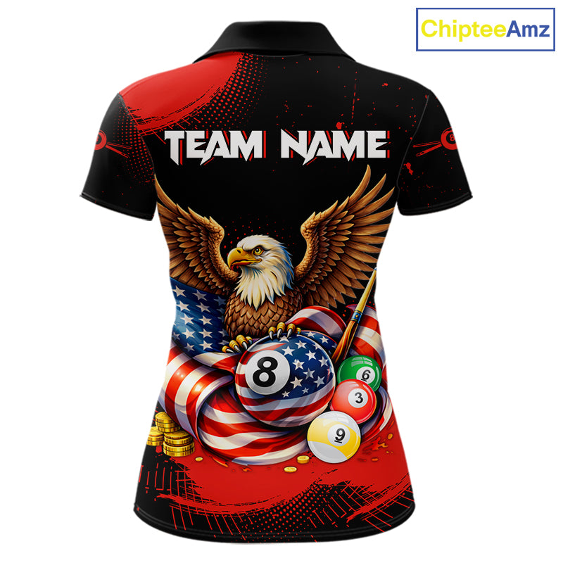 Custom Red Grunge US Flag Eagle Billiard Pool Shirts For Women 8 Ball Patriotic Billiard Team Attire NYN2781