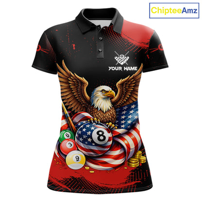 Custom Red Grunge US Flag Eagle Billiard Pool Shirts For Women 8 Ball Patriotic Billiard Team Attire NYN2781