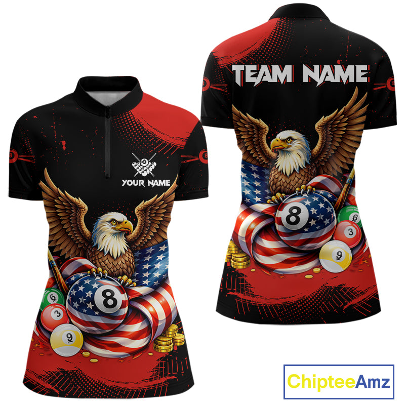 Custom Red Grunge US Flag Eagle Billiard Pool Shirts For Women 8 Ball Patriotic Billiard Team Attire NYN2781