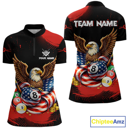 Custom Red Grunge US Flag Eagle Billiard Pool Shirts For Women 8 Ball Patriotic Billiard Team Attire NYN2781