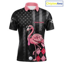 Load image into Gallery viewer, Custom Black Patriotic Golf Polo Shirts For Men, Funny Flamingo Best Golf Clothing Shirts NYN2995