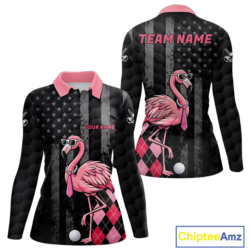 Custom Black Patriotic Golf Polo Shirts For Women, Funny Flamingo Best Golf Clothing Shirts NYN2995