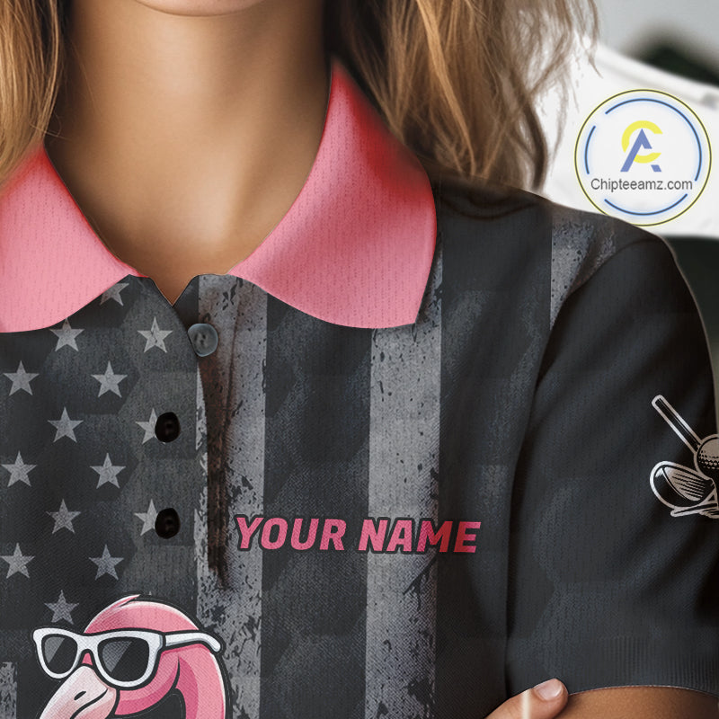 Custom Black Patriotic Golf Polo Shirts For Women, Funny Flamingo Best Golf Clothing Shirts NYN2995