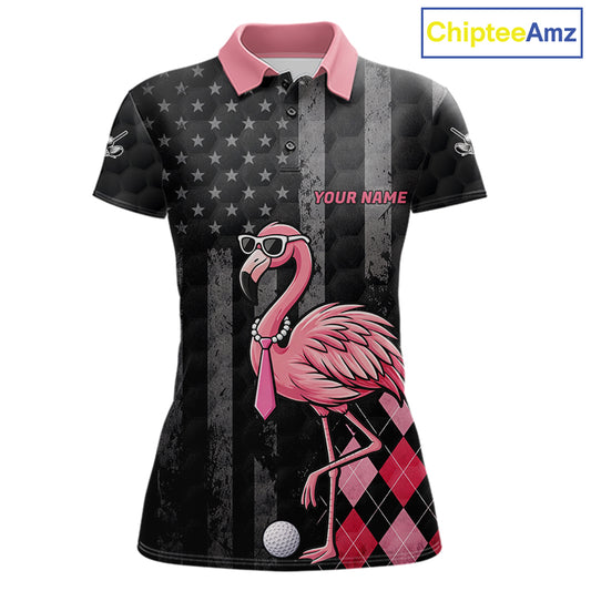 Custom Black Patriotic Golf Polo Shirts For Women, Funny Flamingo Best Golf Clothing Shirts NYN2995
