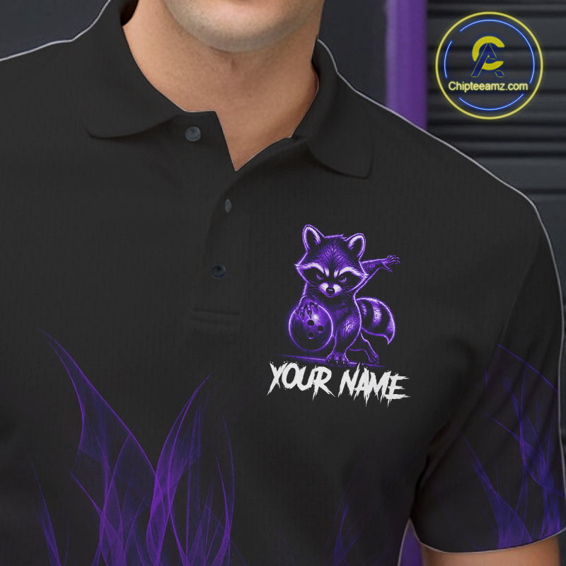 Purple Flames Funny Raccoon Bowling Shirt For Men Custom Bowling Team Jersey For Bowlers