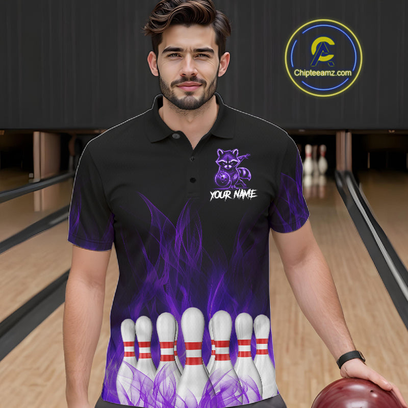 Purple Flames Custom Funny Raccoon Mens Bowling Shirts Bowling Team Shirt For Bowlers NYN3410