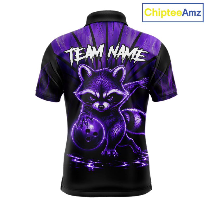 Purple Flames Funny Raccoon Bowling Shirt For Men Custom Bowling Team Jersey For Bowlers