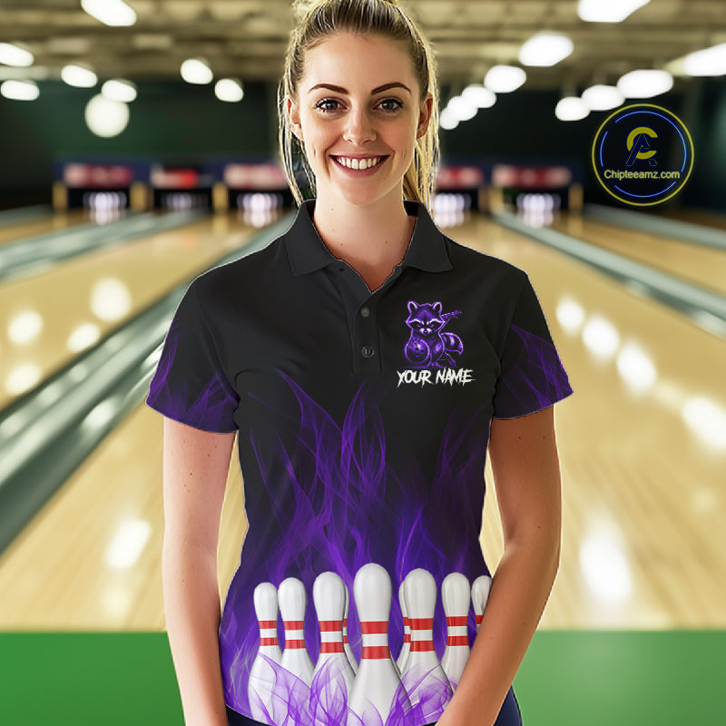 Purple Flames Custom Funny Raccoon Womens Bowling Shirts Bowling Team Shirt For Bowlers NYN3410