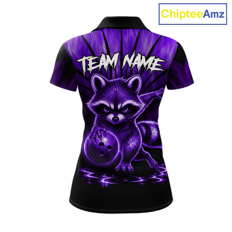 Purple Flames Funny Raccoon Bowling Shirt For Women Custom Bowling Team Jersey For Bowlers
