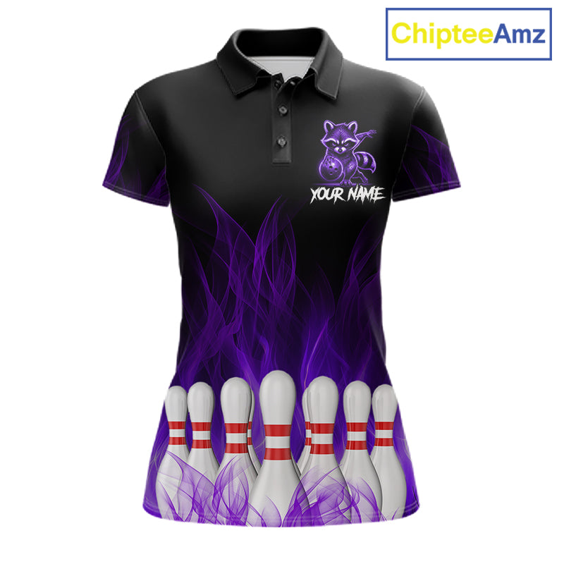 Purple Flames Funny Raccoon Bowling Shirt For Women Custom Bowling Team Jersey For Bowlers