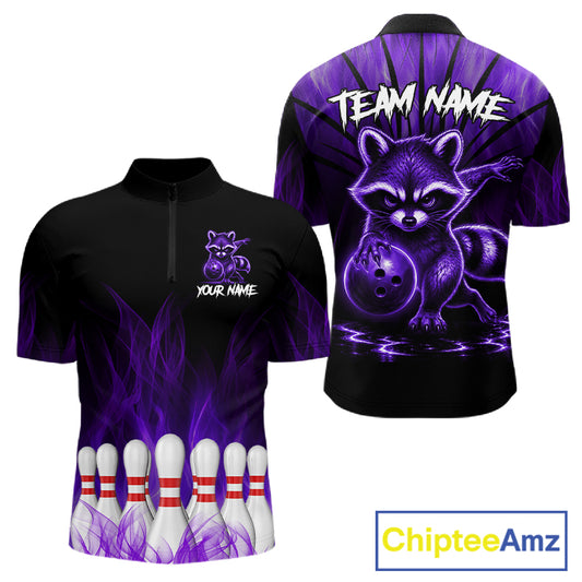 Purple Flames Funny Raccoon Bowling Shirt For Men Custom Bowling Team Jersey For Bowlers