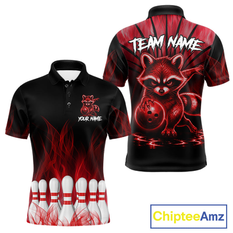 Red Flames Funny Raccoon Bowling Shirt For Men Custom Bowling Team Jersey For Bowlers