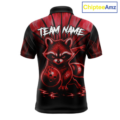 Red Flames Funny Raccoon Bowling Shirt For Men Custom Bowling Team Jersey For Bowlers