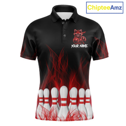 Red Flames Funny Raccoon Bowling Shirt For Men Custom Bowling Team Jersey For Bowlers