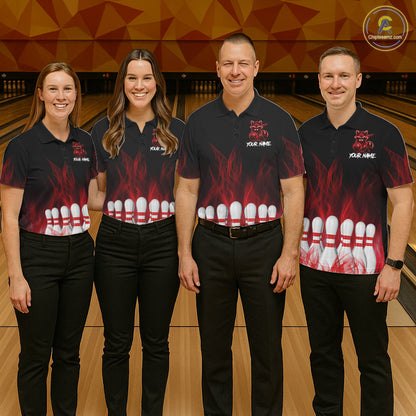 Red Flames Custom Funny Raccoon Womens Bowling Shirts Bowling Team Shirt For Bowlers NYN3411