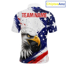 Load image into Gallery viewer, Men's custom bowling polo featuring distressed grunge eagle with bowling ball and pins, personalized performance bowling shirt for USBC tournaments, bowling leagues, patriotic sportswear, eagle lovers, wildlife enthusiasts and outdoor adventurers, symbolizing freedom, leadership, courage, resilience and victory