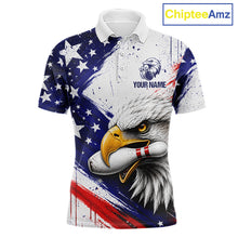 Load image into Gallery viewer, Men's custom bowling polo featuring distressed grunge eagle with bowling ball and pins, personalized performance bowling shirt for USBC tournaments, bowling leagues, patriotic sportswear, eagle lovers, wildlife enthusiasts and outdoor adventurers, symbolizing freedom, leadership, courage, resilience and victory