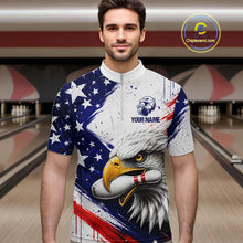 Load image into Gallery viewer, Male bowler wearing custom eagle bowling jersey during USBC championship, premium athletic apparel for patriotic Americans, veterans, wildlife lovers and competitive bowlers, symbolizing strength, leadership, honor and victory.