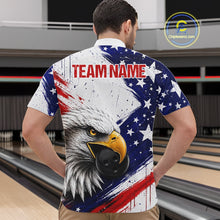 Load image into Gallery viewer, Male bowler wearing custom eagle bowling jersey during USBC championship, premium athletic apparel for patriotic Americans, veterans, wildlife lovers and competitive bowlers, symbolizing strength, leadership, honor and victory.
